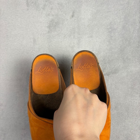 Lottas from Stockholm Orange Suede Wooden Clogs Swedish Mules Womens 39 Vintage - Picture 4 of 6